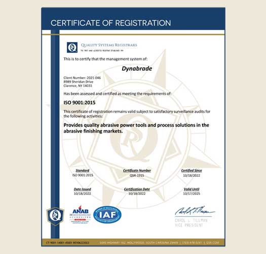 Dynabrade is now ISO 9001:2015 certified